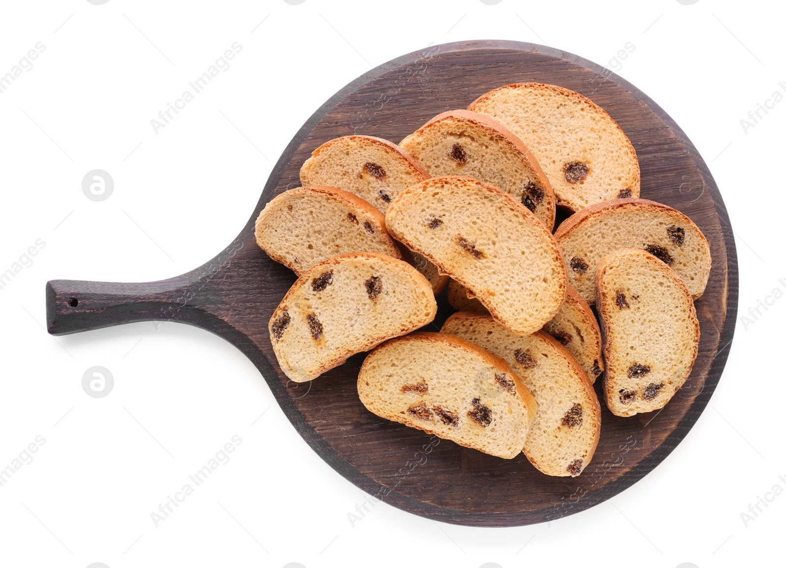 Photo of Sweet hard chuck crackers with raisins on white background, top view