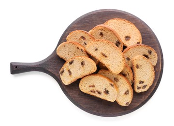 Photo of Sweet hard chuck crackers with raisins on white background, top view