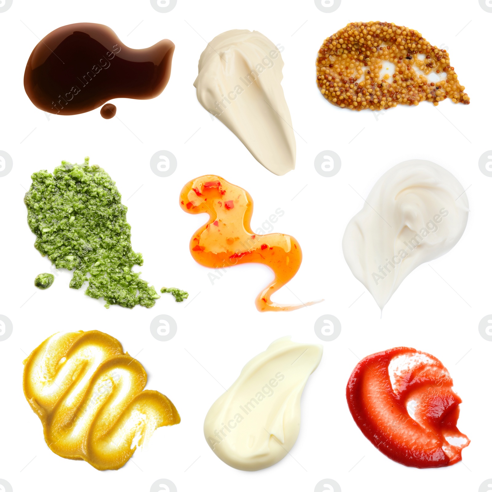 Image of Set of different sauces isolated on white, top view