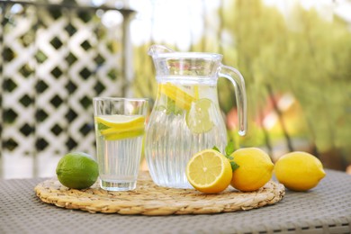 Water with lemons and limes on table outdoors