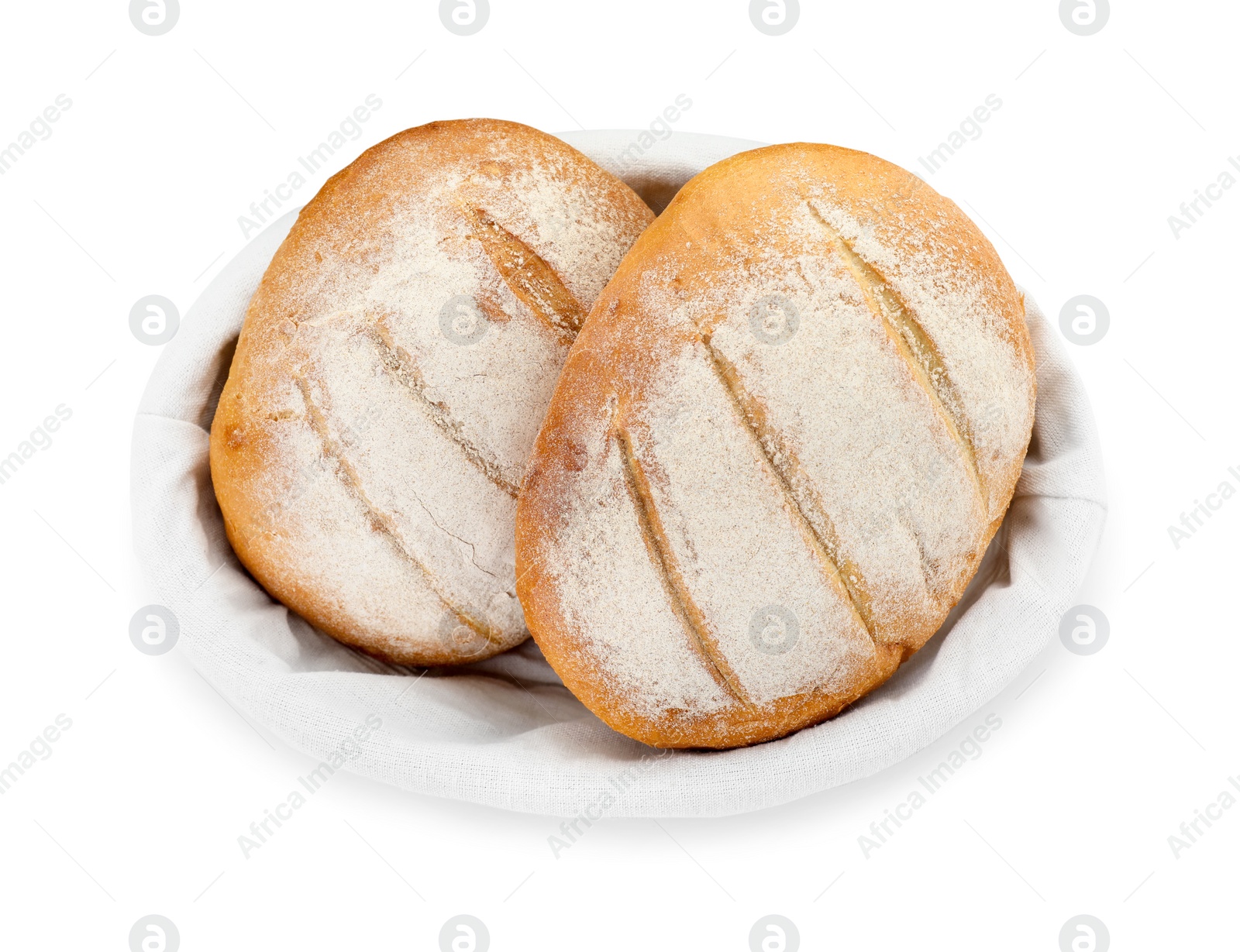 Photo of Basket with fresh bread isolated on white, top view