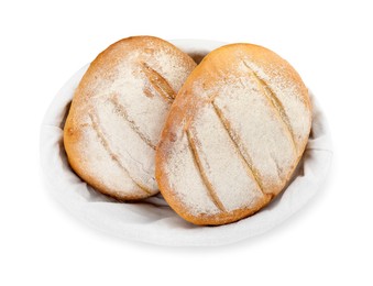 Basket with fresh bread isolated on white, top view