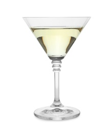 Photo of Glass of tasty martini on white background