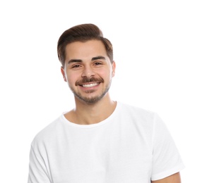 Photo of Portrait of young man on laughing white background