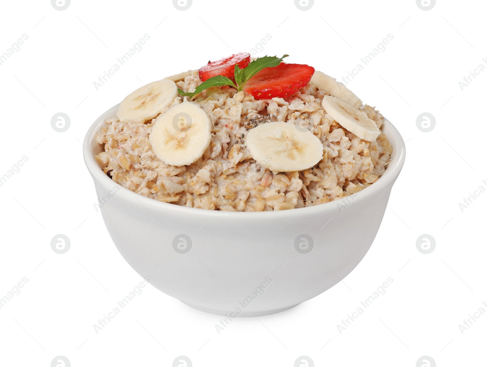 Photo of Tasty boiled oatmeal with strawberries, banana and chia seeds in bowl isolated on white