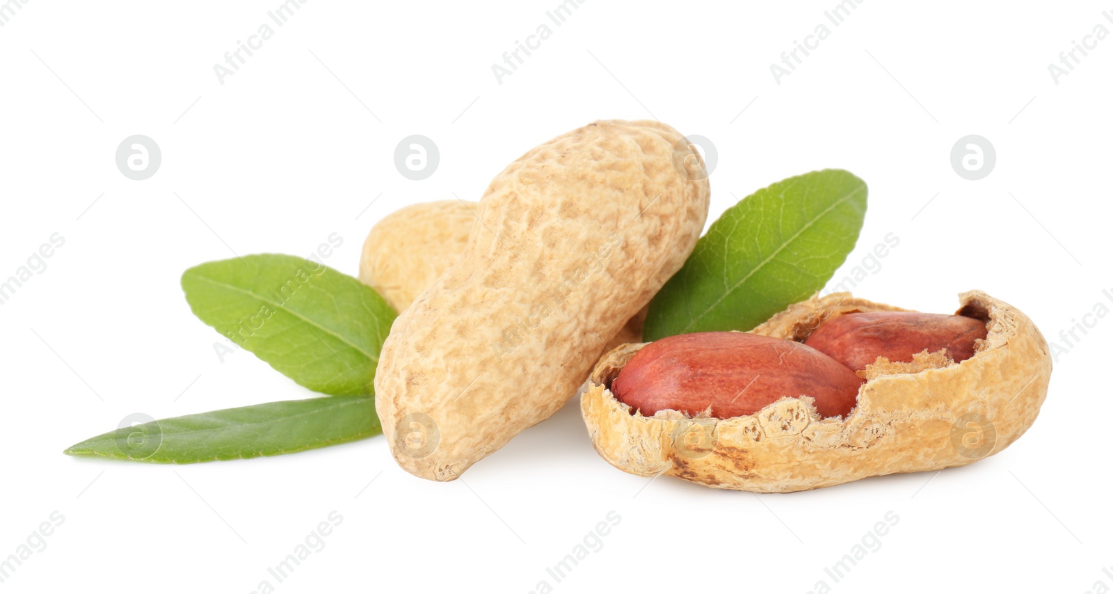 Photo of Fresh peanuts and green leaves isolated on white