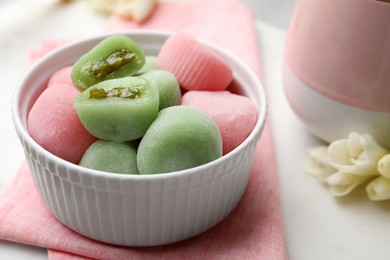 Delicious mochi in bowl on table. Traditional Japanese dessert