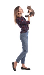 Photo of Young woman with cat on white background. Owner and pet