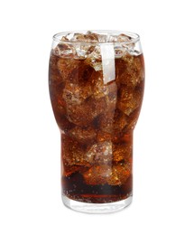 Photo of Glass of refreshing soda drink with ice cubes isolated on white