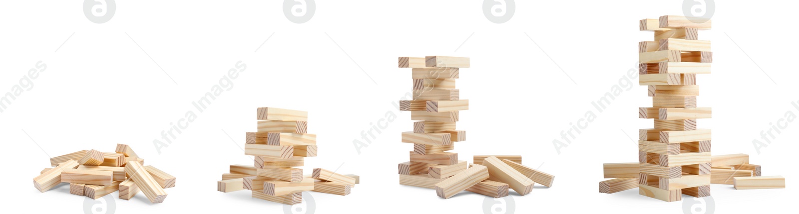 Image of Playing Jenga. Wooden blocks and constructions on white background