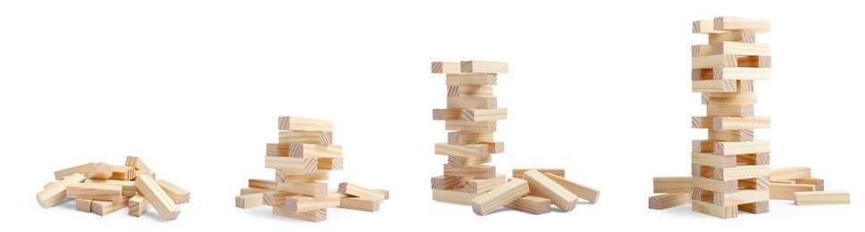 Image of Playing Jenga. Wooden blocks and constructions on white background