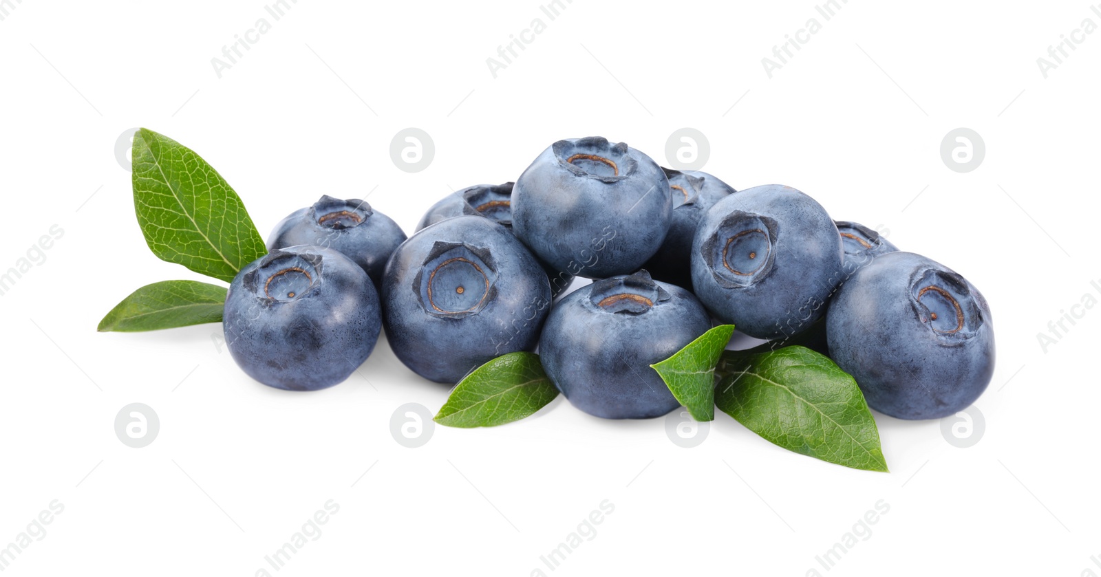 Photo of Pile of fresh ripe blueberries and leaves isolated on white