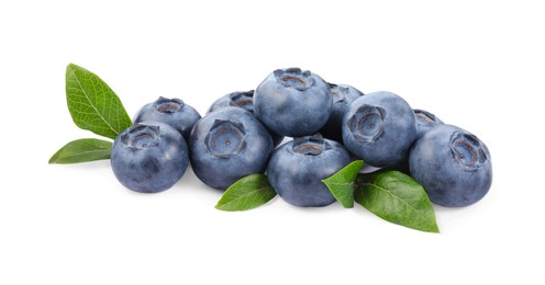 Photo of Pile of fresh ripe blueberries and leaves isolated on white