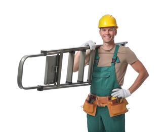 Professional constructor with ladder on white background