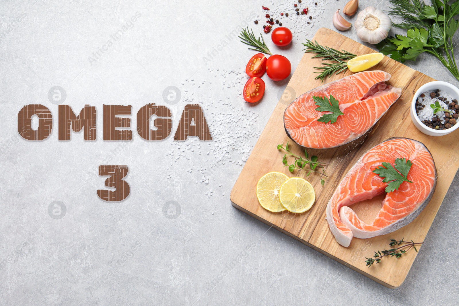 Image of Omega 3. Fresh cut salmon, herbs and spices on light table, flat lay