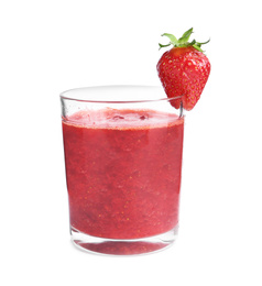 Photo of Tasty strawberry smoothie in glass isolated on white