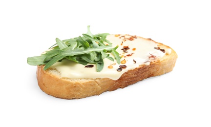 Photo of Slice of bread with spread and arugula on white background