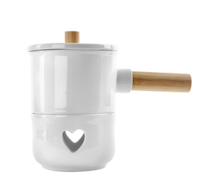 Photo of Empty pot for fondue on white background