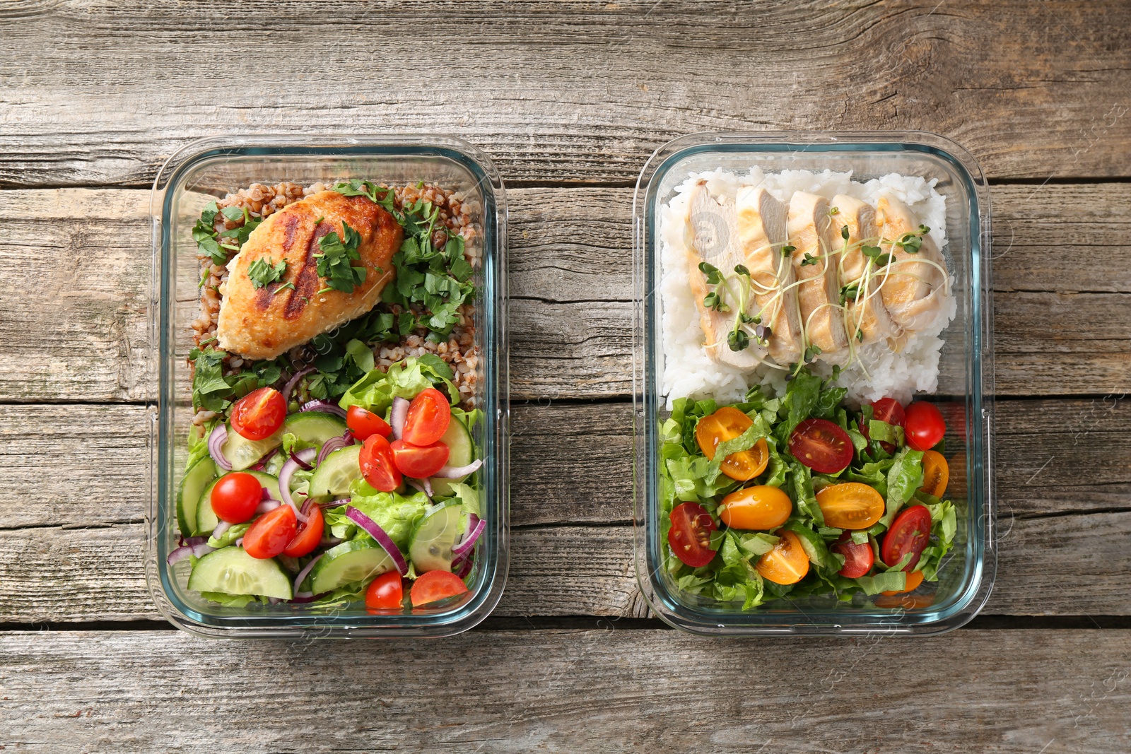 Photo of Healthy meal. Containers with different products on wooden table, flat lay