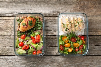 Healthy meal. Containers with different products on wooden table, flat lay