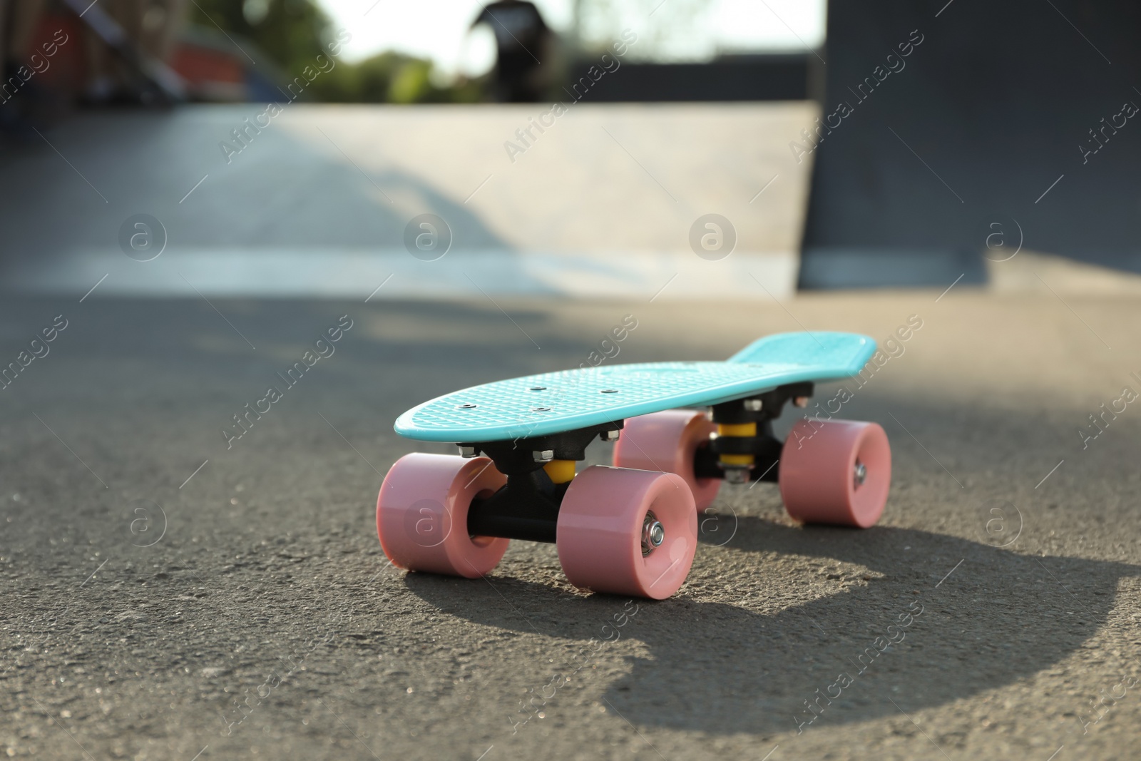 Photo of Modern light blue skateboard with pink wheels on asphalt road outdoors
