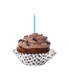 Photo of Chocolate cupcake with burning candle isolated on white