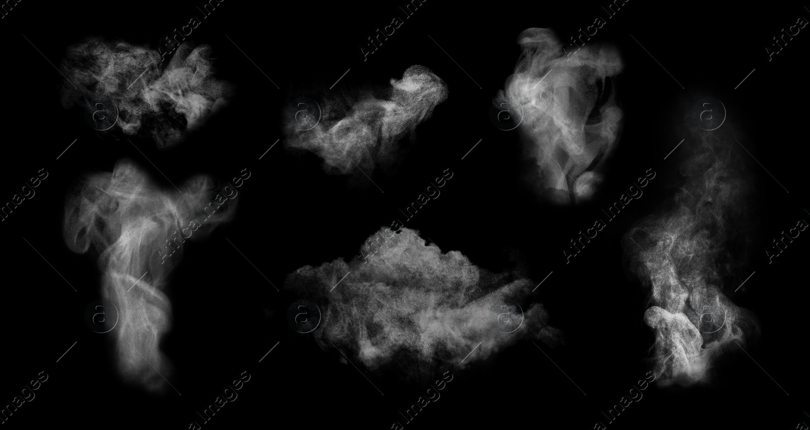 Image of Set with different clouds of white smoke on black background