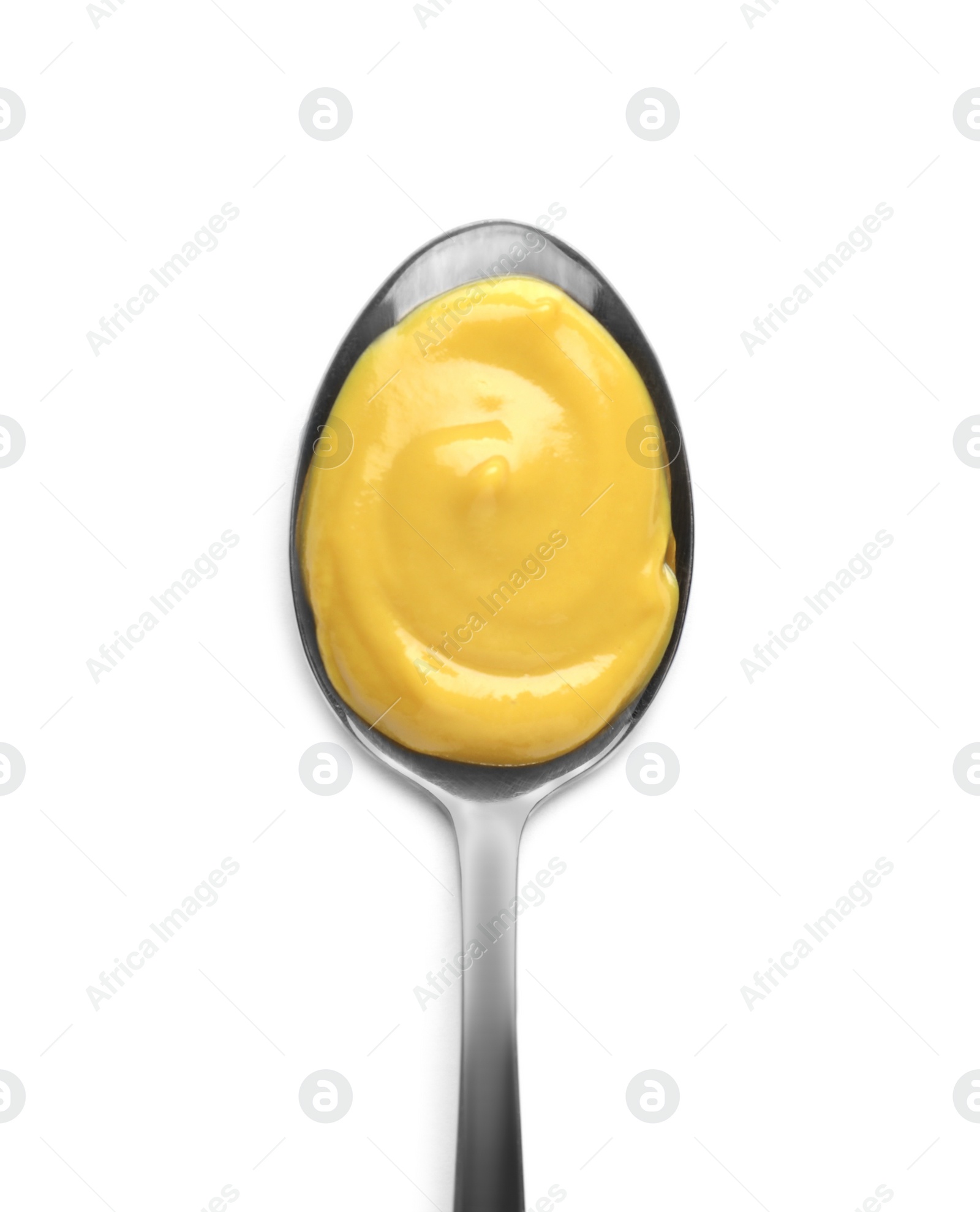 Photo of Spoon with delicious mustard on white background, top view