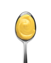 Photo of Spoon with delicious mustard on white background, top view