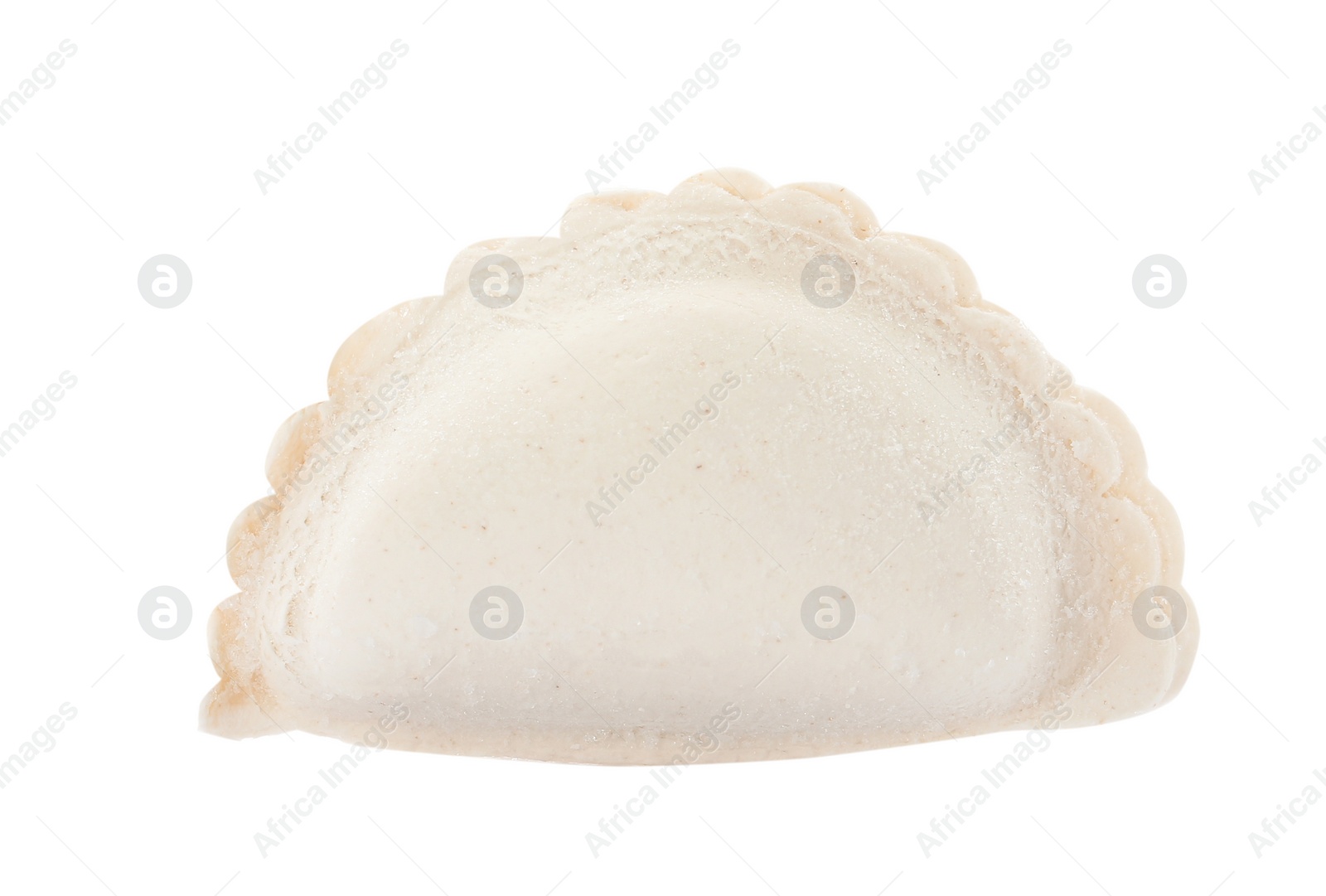 Photo of Raw dumpling with tasty filling on white background