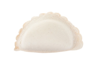 Photo of Raw dumpling with tasty filling on white background