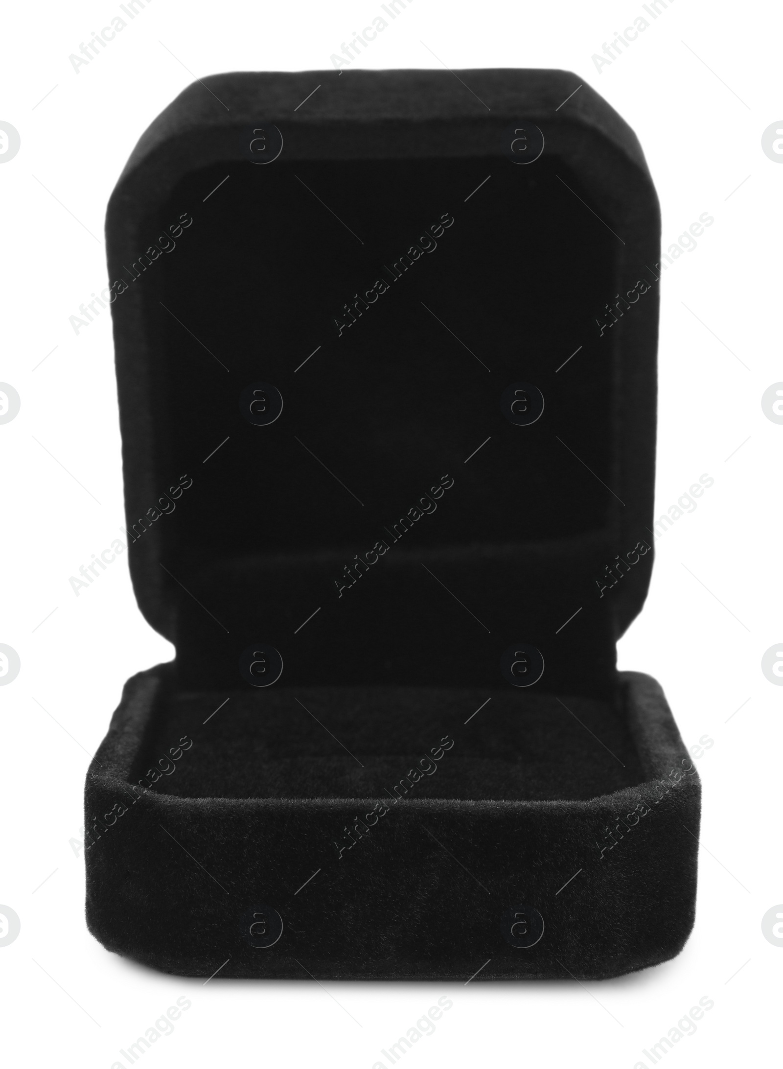 Photo of Open black ring box isolated on white