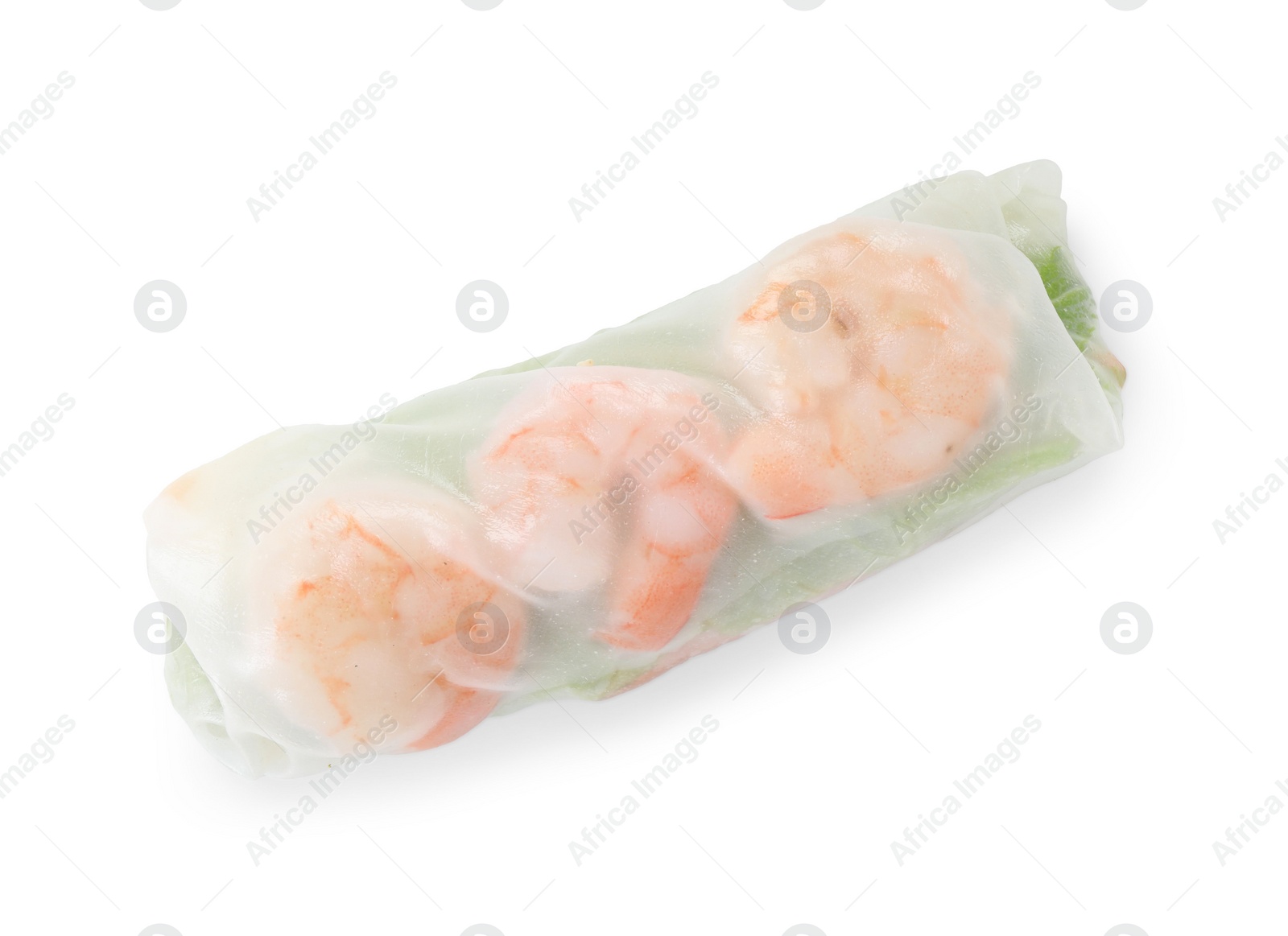 Photo of Tasty spring roll with shrimps isolated on white, top view