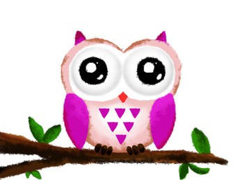 Illustration of Drawing of cute owl on tree branch. Child art