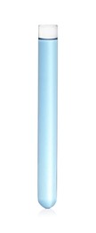 Photo of Test tube with light blue liquid isolated on white