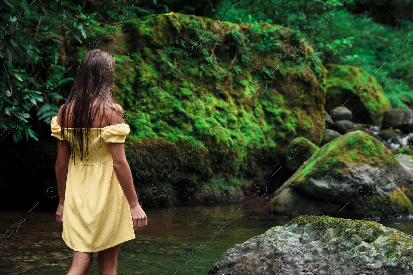 Photo of Beautiful young woman in dress near mountain river outdoors, back view. Space for text