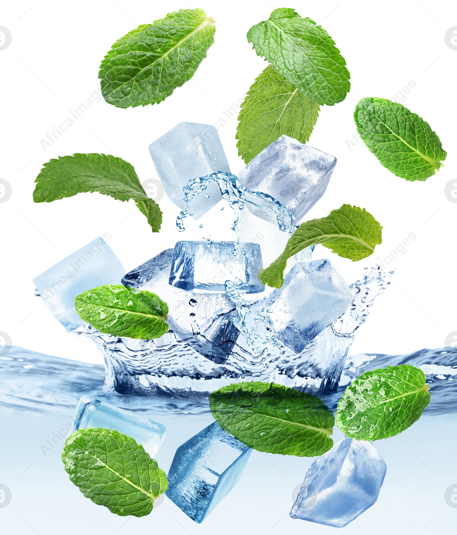 Image of Ice cubes and green mint leaves falling into water on white background