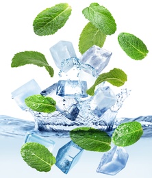 Image of Ice cubes and green mint leaves falling into water on white background