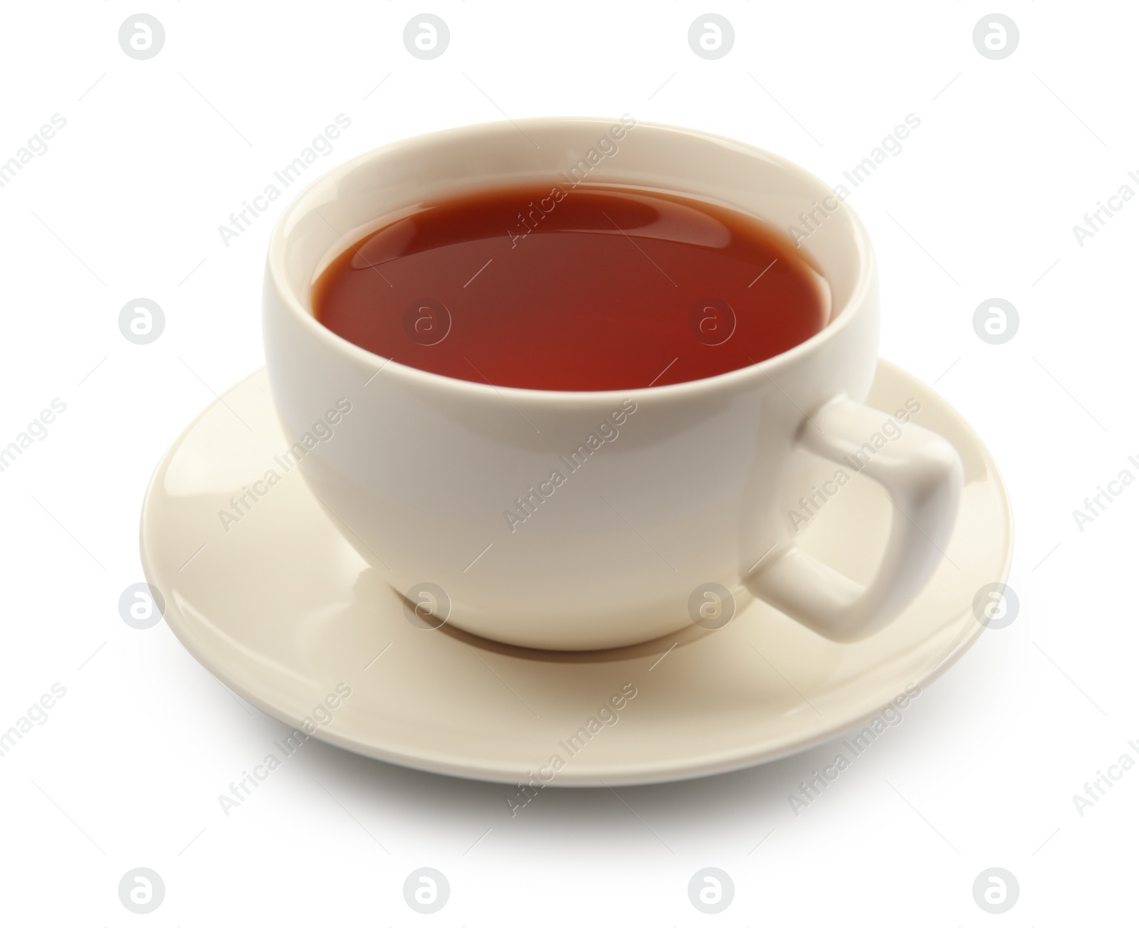 Photo of Ceramic cup of hot aromatic tea on white background