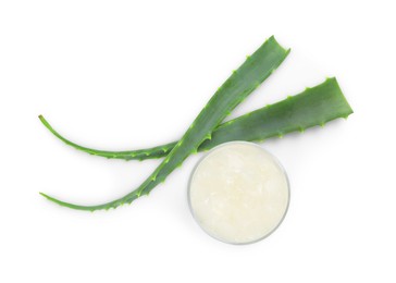 Aloe vera gel and slices of plant isolated on white, top view