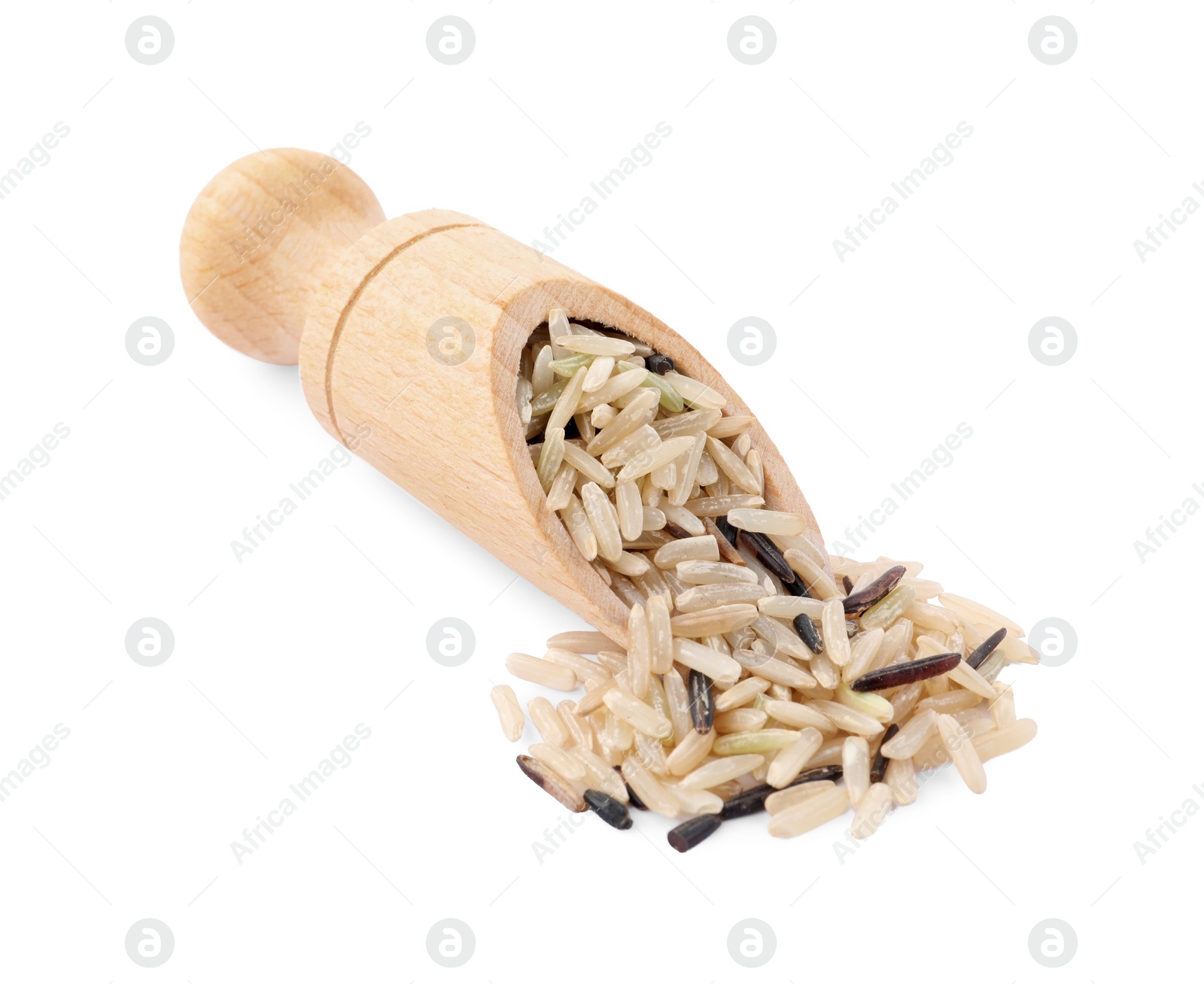 Photo of Scoop with raw unpolished rice isolated on white