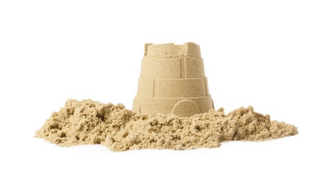 Pile of sand with beautiful castle isolated on white. Outdoor play