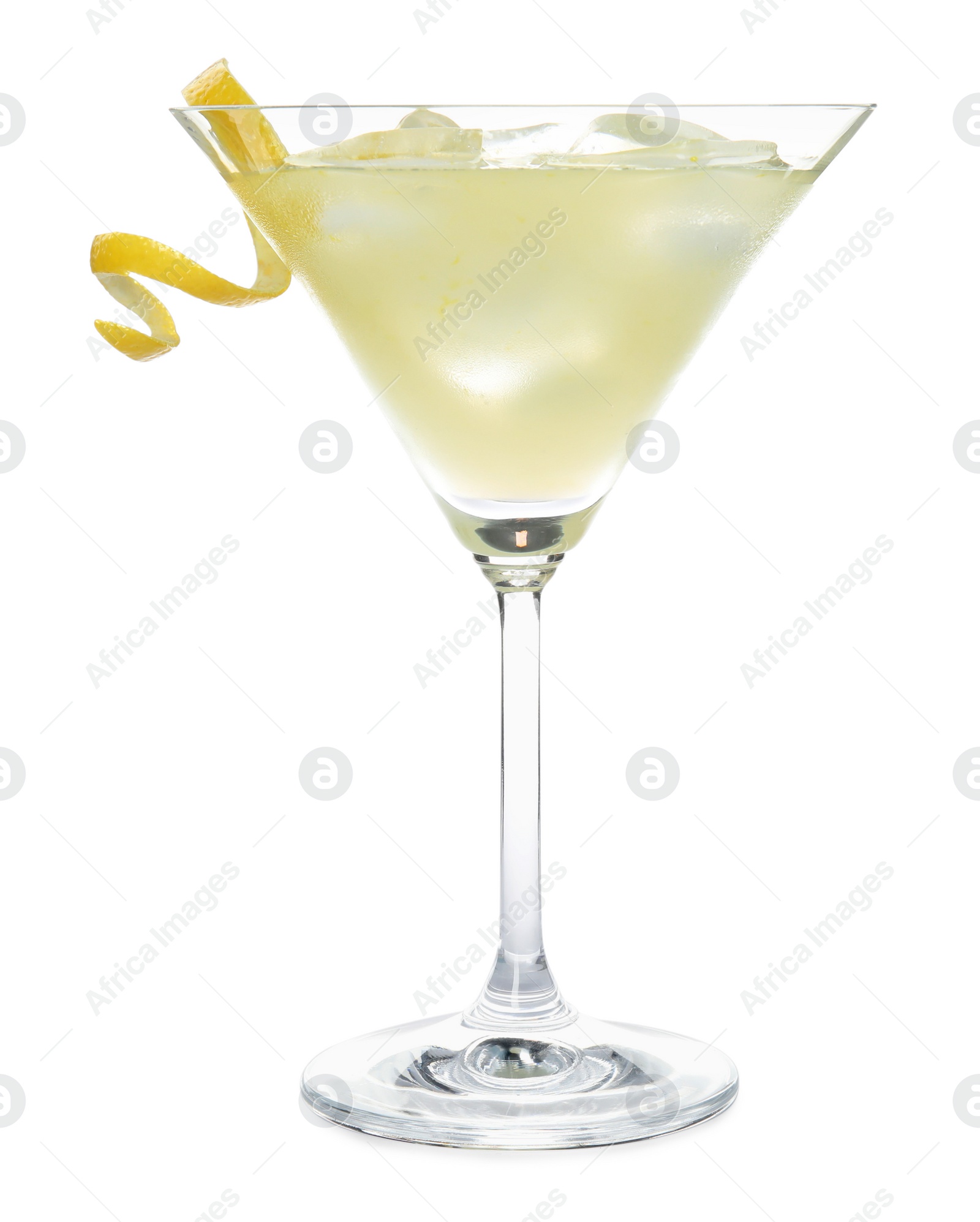Photo of Glass of delicious bee's knees cocktail with ice and lemon twist isolated on white