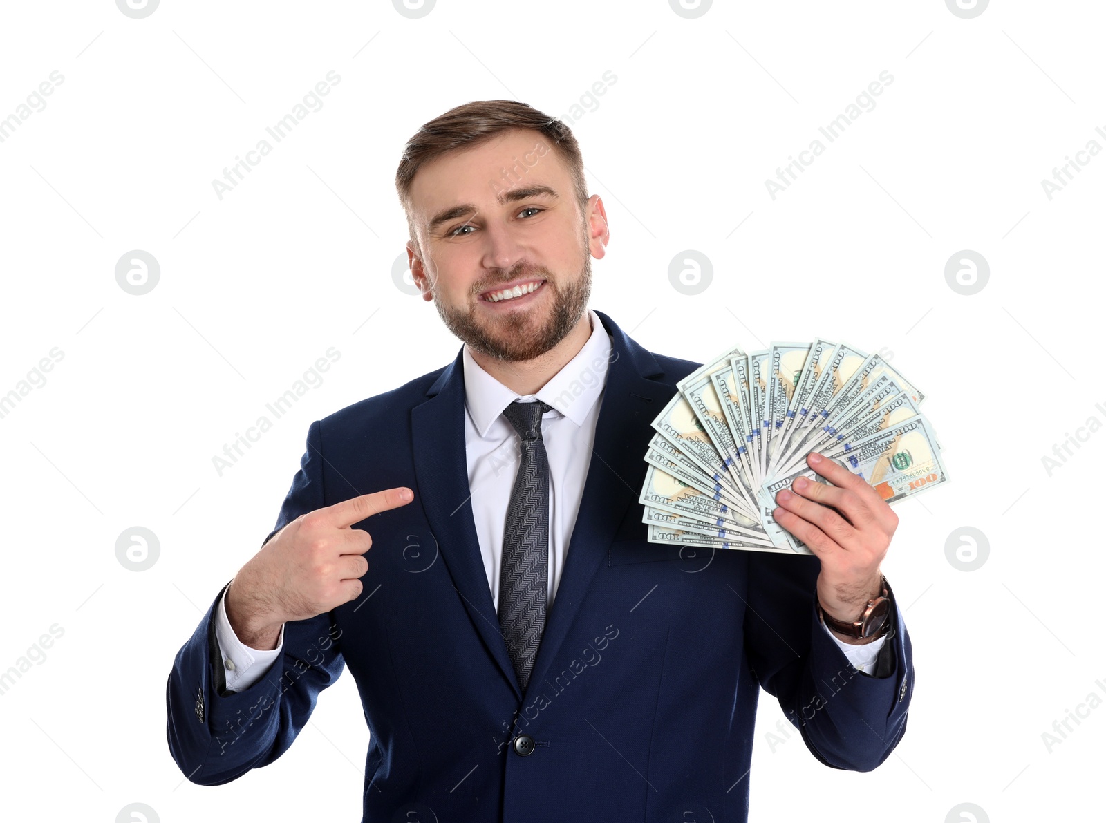 Photo of Portrait of young businessman holding money banknotes on white background