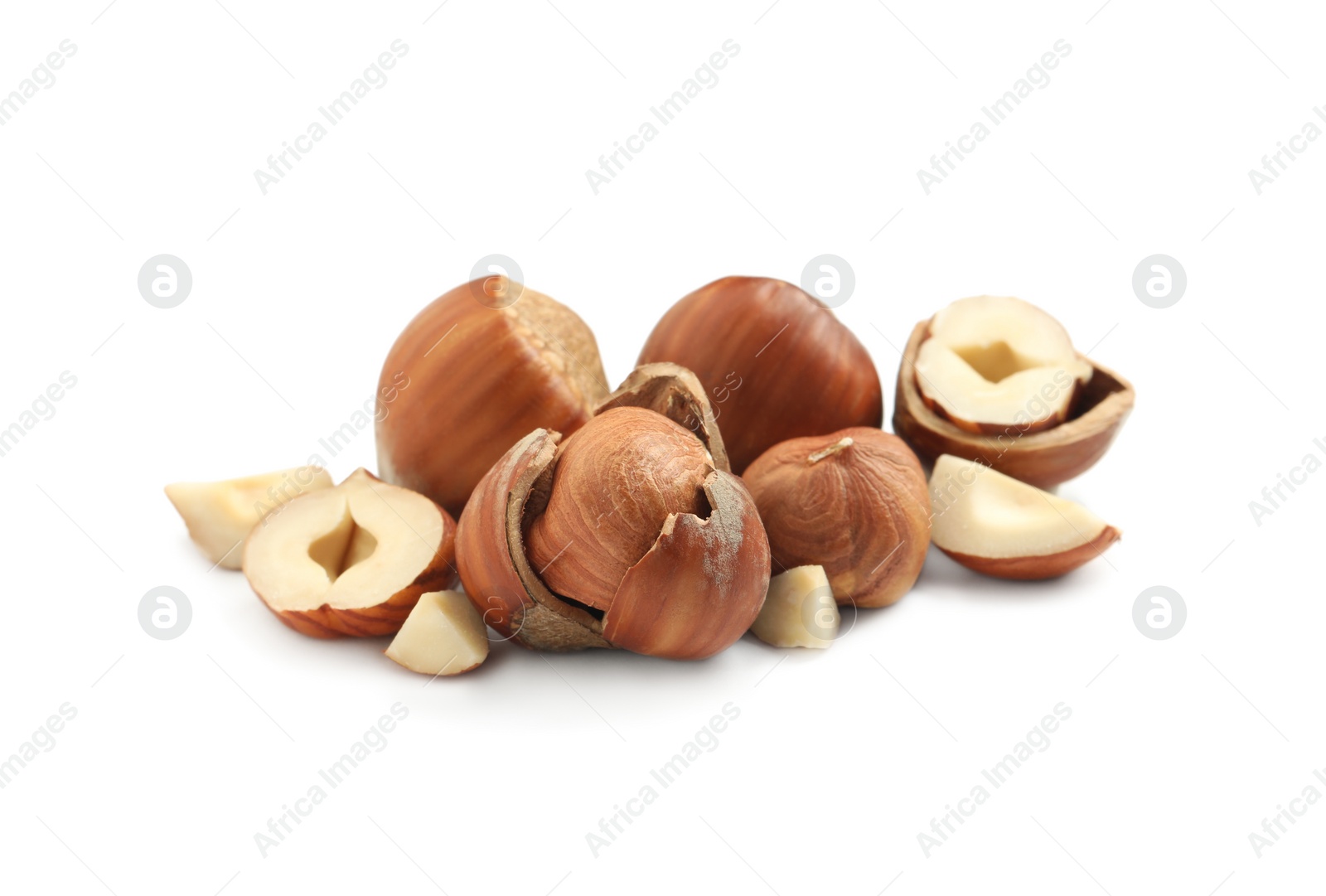 Photo of Tasty organic hazelnuts on white background. Healthy snack