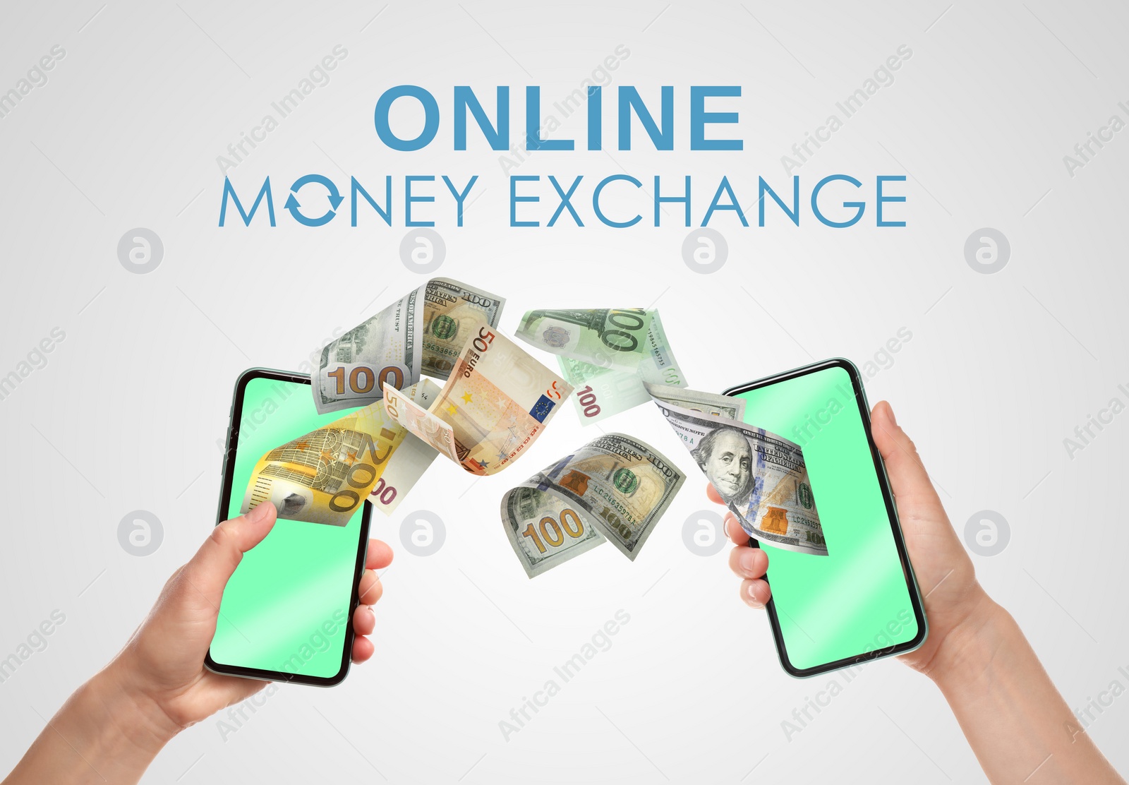 Image of Online money exchange. Women with mobile phones, closeup. Dollar and euro banknotes flying between devices on grey background
