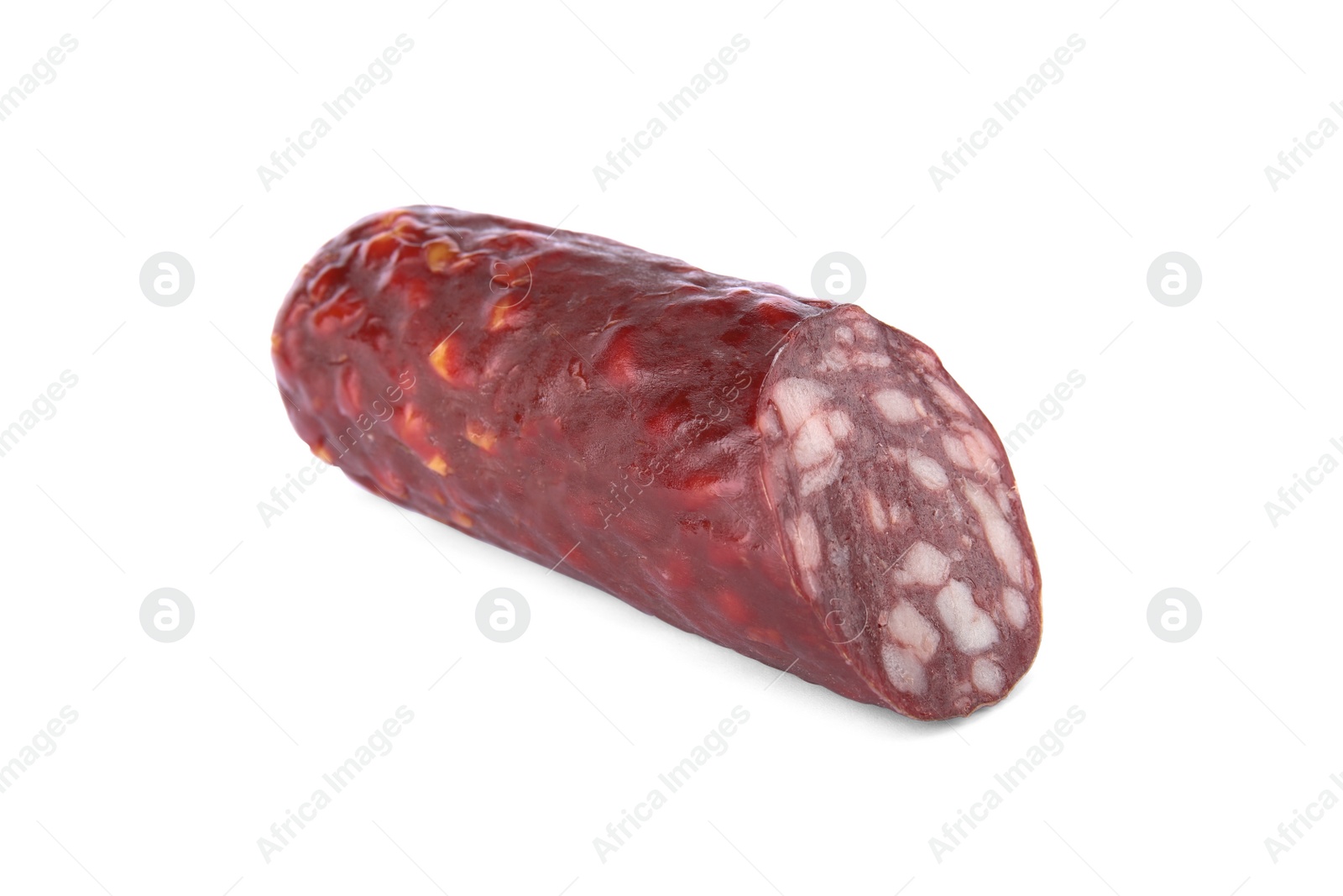 Photo of Delicious smoked sausage isolated on white. Fresh meat product