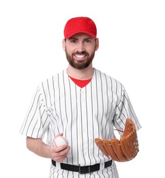 Baseball player with leather glove and ball on white background