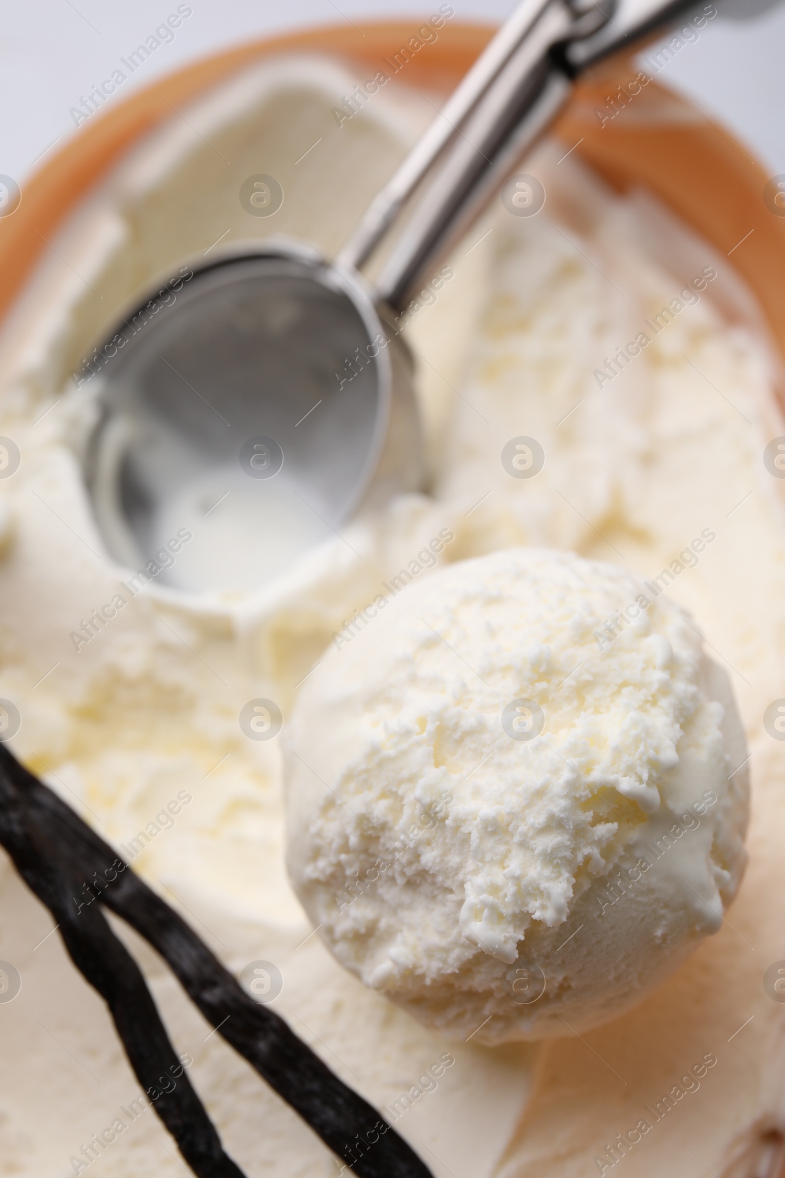 Photo of Delicious ice cream, scoop and vanilla pods in container, closeup