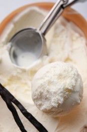 Delicious ice cream, scoop and vanilla pods in container, closeup